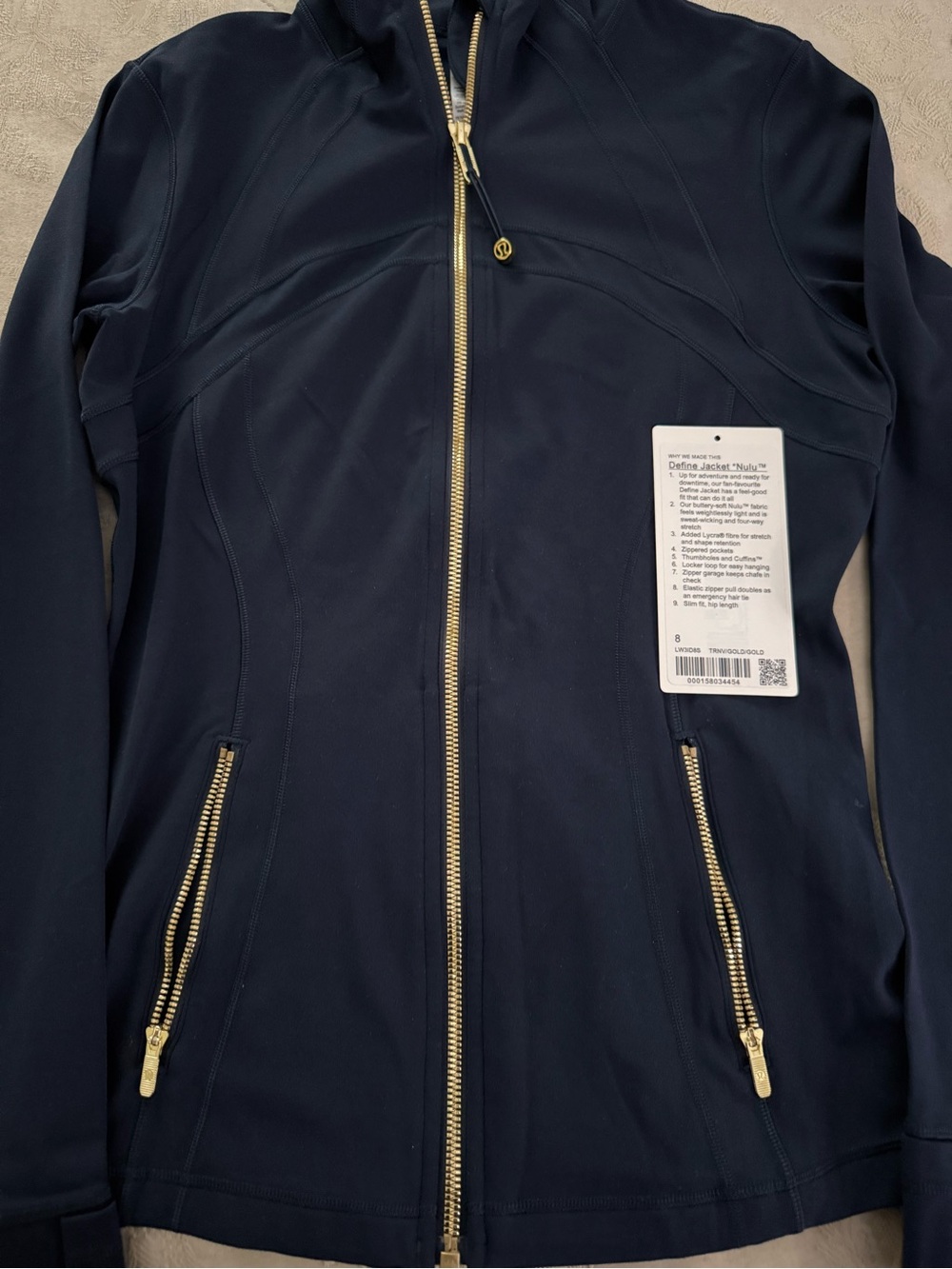 lululemon Navy Full-Zip Define Nulu Jacket with Gold Zippers sz 8